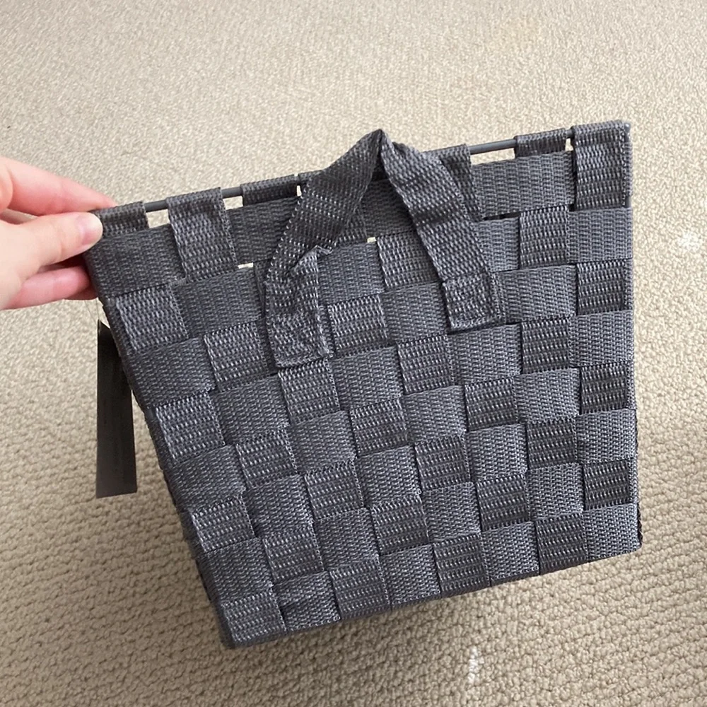 Small Storage Tote Basket Steel Frame Wire Woven Fabric Grey 10” x 12” x 8” NWT